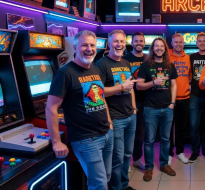 Leden die samen spelen in een kleurrijke arcade hal