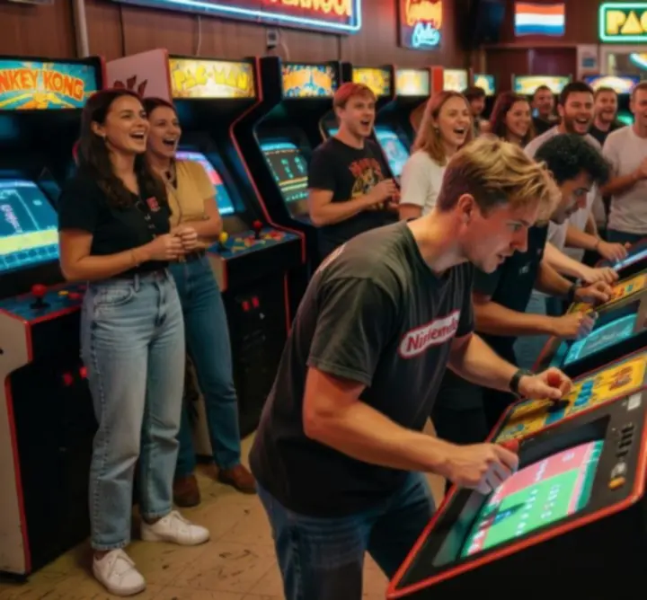 Deelnemers aan een retro arcade gaming toernooi in Nederland
