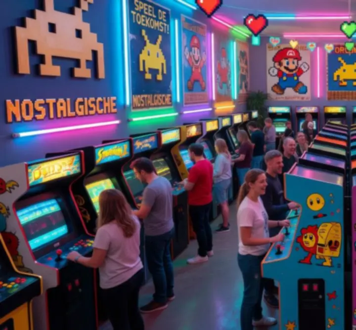 Neonverlicht arcade interieur met retro posters en pixel-art details