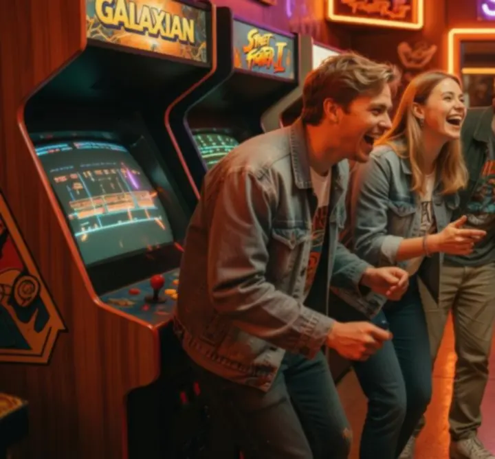 Neon nostalgische sfeer in de arcade hal van Orange Circle Hub