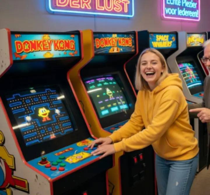 Groep bezoekers in een neon verlichte arcade hal met retro speelautomaten