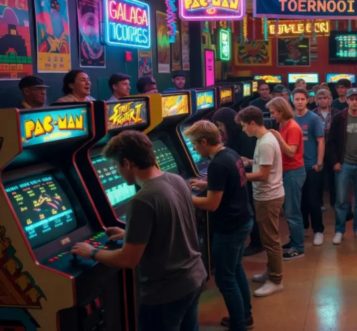 Drukke arcade toernooiscene met retro speelautomaten en spelers
