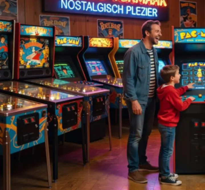 Gezinnen en kinderen die samen spelen in een kleurrijke arcade hal