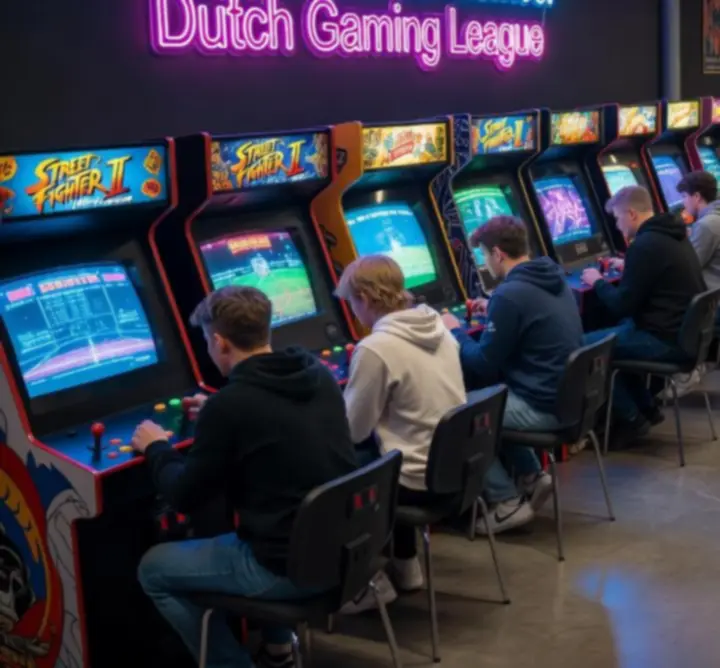 Gamers die deelnemen aan een retro gaming toernooi in een arcade hal