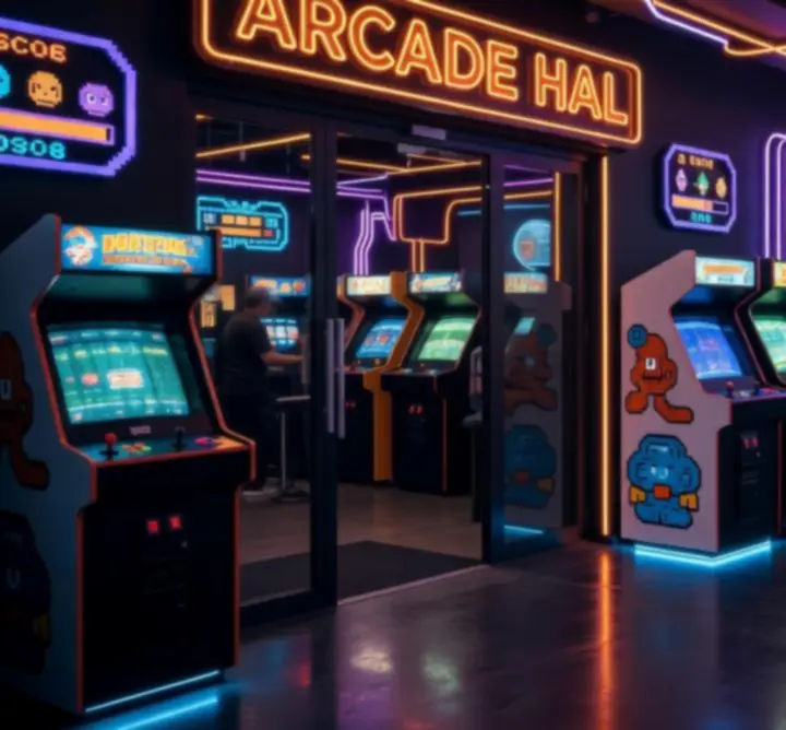 Neon verlichte arcade hal bij Orange Circle Hub met kleurrijke retro speelautomaten