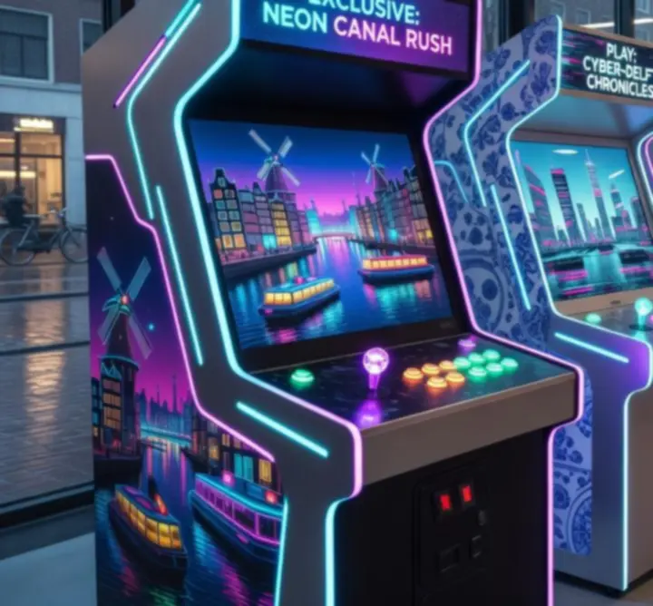 Neon arcade cabinets met lichtgevende randen en kleurrijk custom artwork