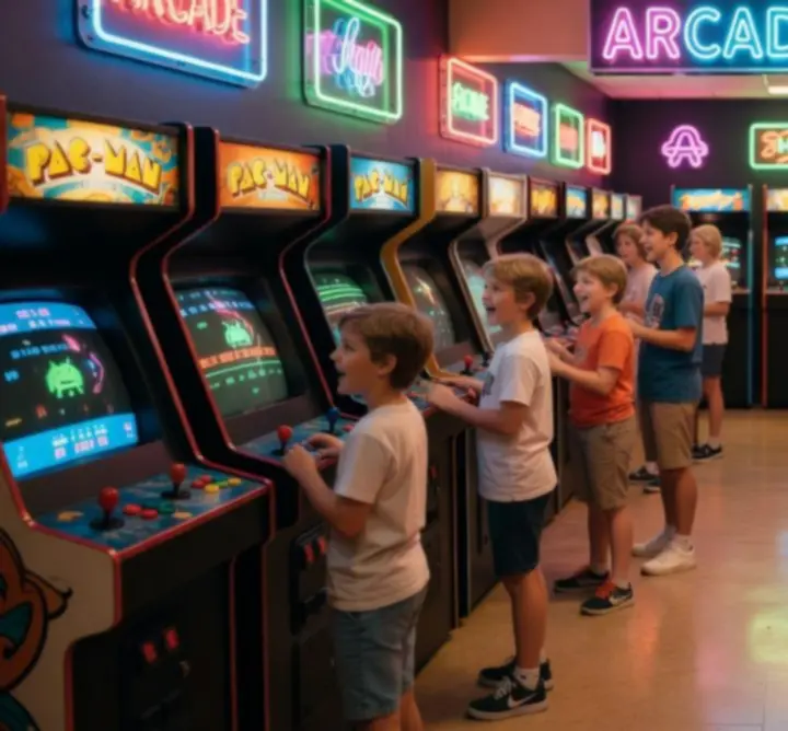 Neonverlichte arcade hal met retro speelautomaten in de Retro Gaming Zone