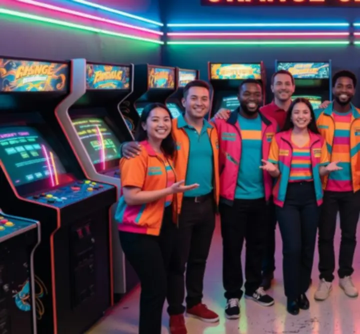 Team van Orange Circle Hub in de arcade hal tussen retro speelautomaten