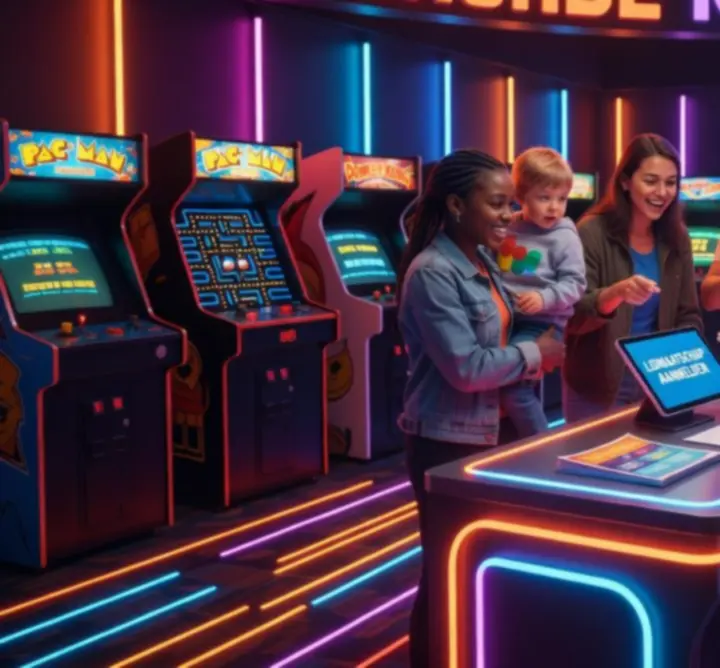 Balie voor lidmaatschap bij Orange Circle Hub arcade hal