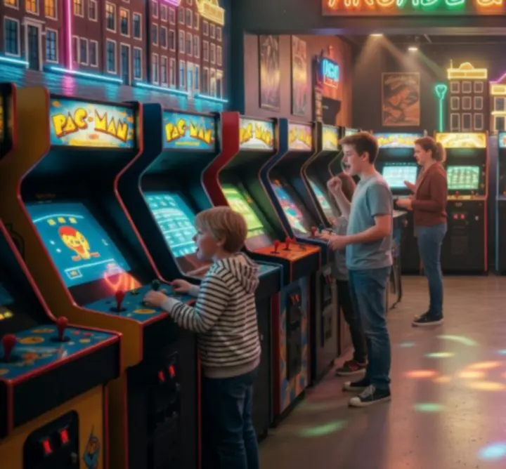 Neon arcade hal interieur bij Orange Circle Hub in Nederland