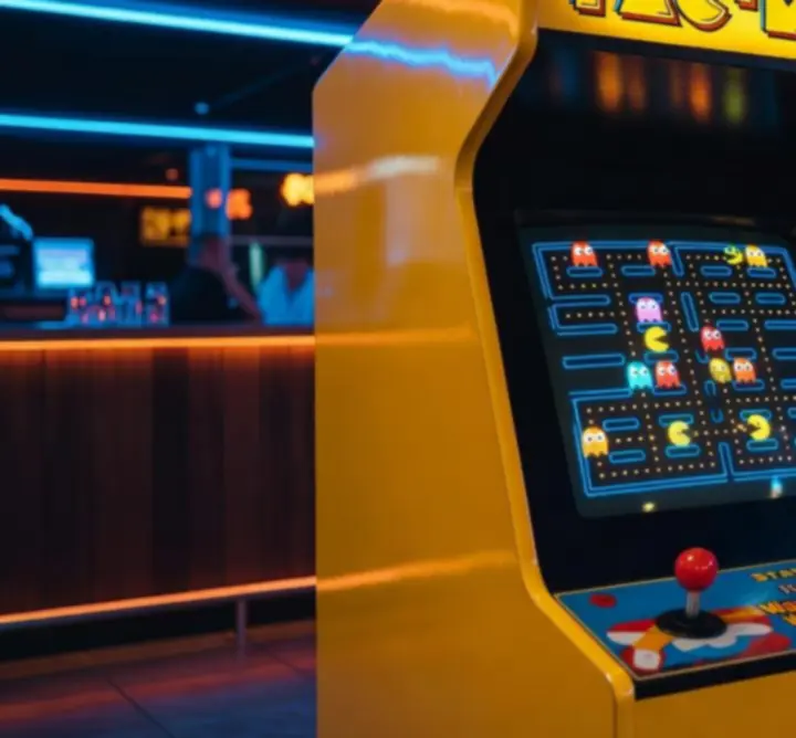 Originele Pac-Man arcade kast met gele kabinetverlichting in Orange Circle Hub