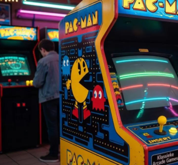 Originele Pac-Man arcade kast in neon verlichte speelhal
