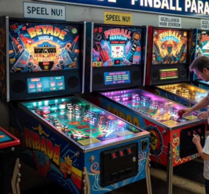 Rij kleurrijke pinball flipperkasten met neonverlichting