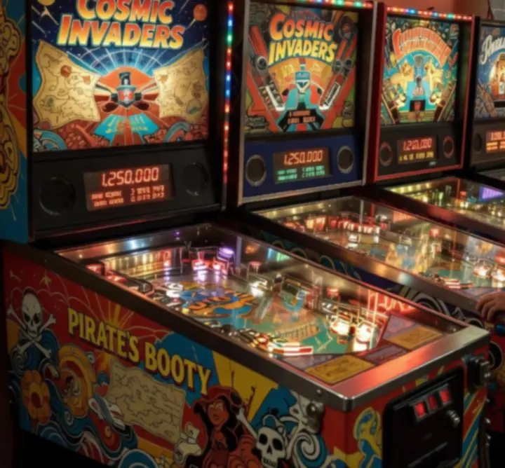 Rij fonkelende flipperkasten met verschillende thema's in de pinball zone