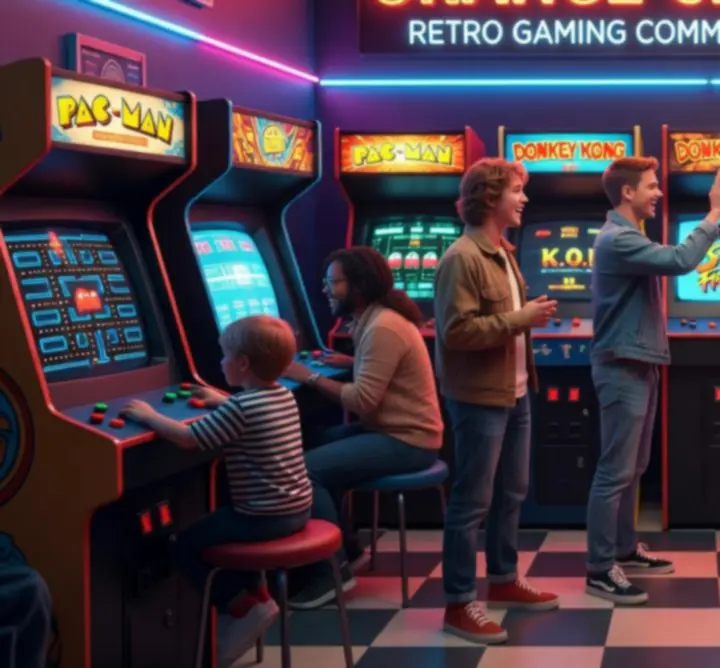 Gamers community in een kleurrijke retro arcade hal