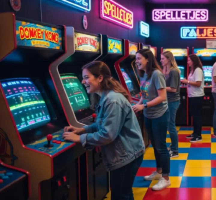Kleurrijke retro arcade hal met lichtgevende speelautomaten bij Orange Circle Hub
