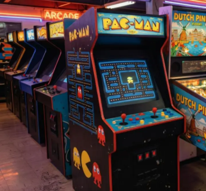 Rij met klassieke retro arcade machines en Pac-Man kasten