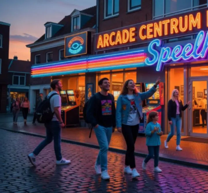 Buitenzijde van Orange Circle Hub, een kleurrijke retro arcade hal met neonverlichting