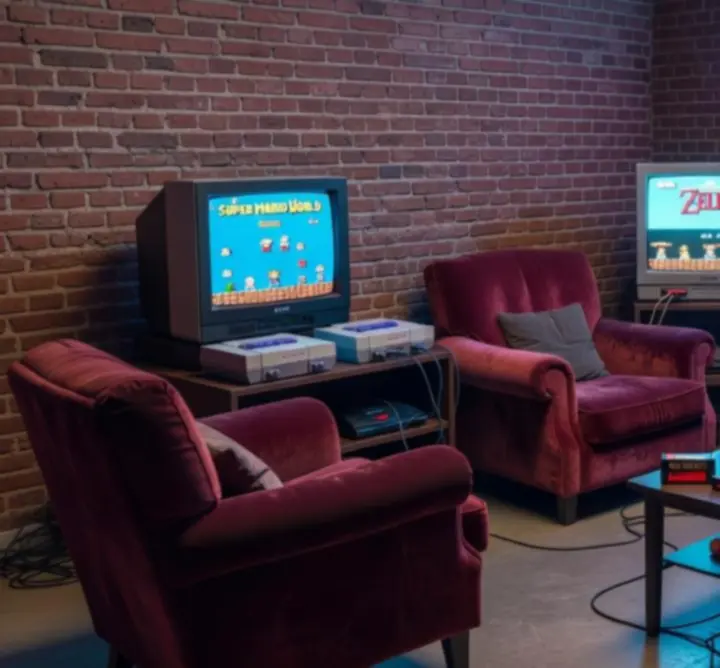 Retro gaming zone met klassieke consoles, controllers en zitlounge