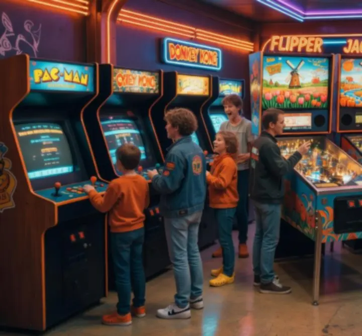 Kleurrijk arcade interieur met neon lichten en speelautomaten